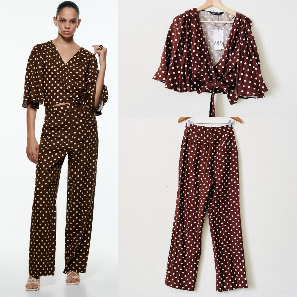 NWT ZARA XS linen blend brown ecru polka dot blouse and trousers set